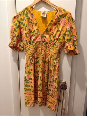 FARM Rio Yellow Floral Mini Dress with Pink and Green Leaves
